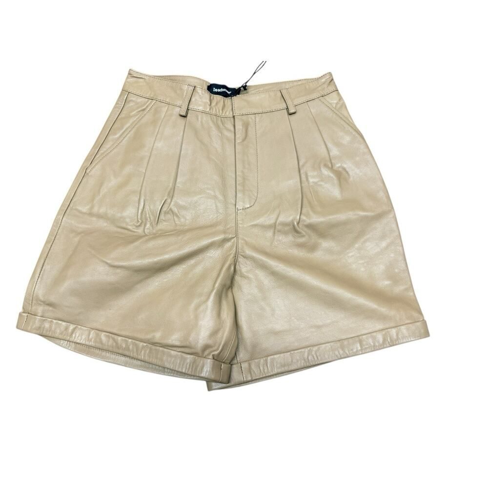 NWT Deadwood Suzy Tan Leather Shorts Pleated High Rise Lambskin US 4 - Picture 4 of 12